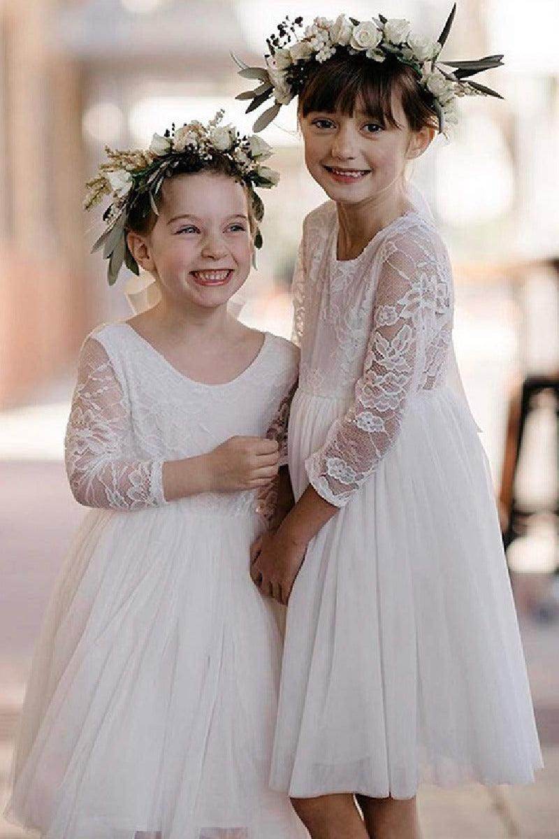 A-Line Scoop Neck Long Sleeve Lace/Tulle Flower Girl Dresses 727439275194 - COCOMELODY